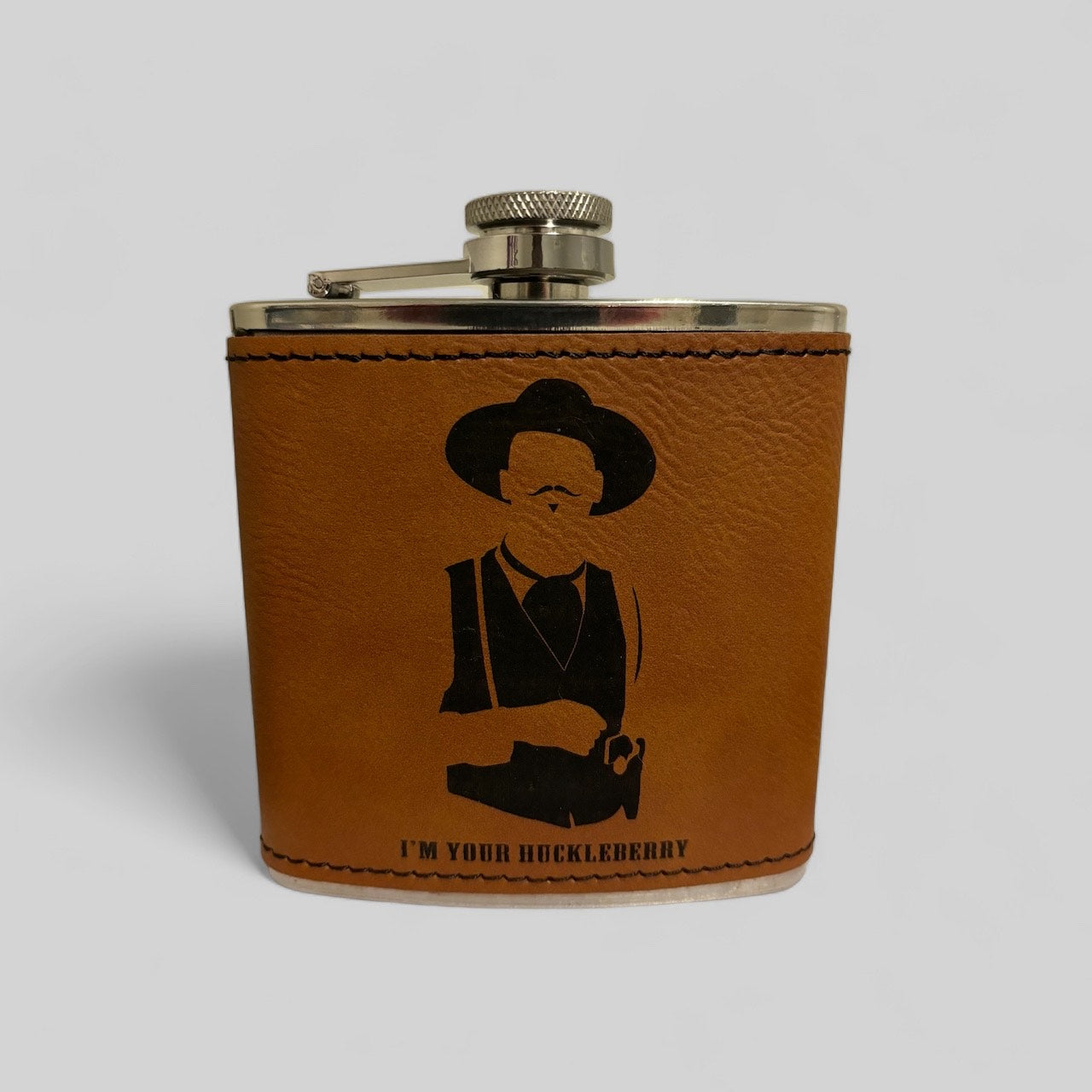6 Oz Leather-Wrapped Hip Flask - "I'm Your Huckleberry" with Doc Holliday Silhouette