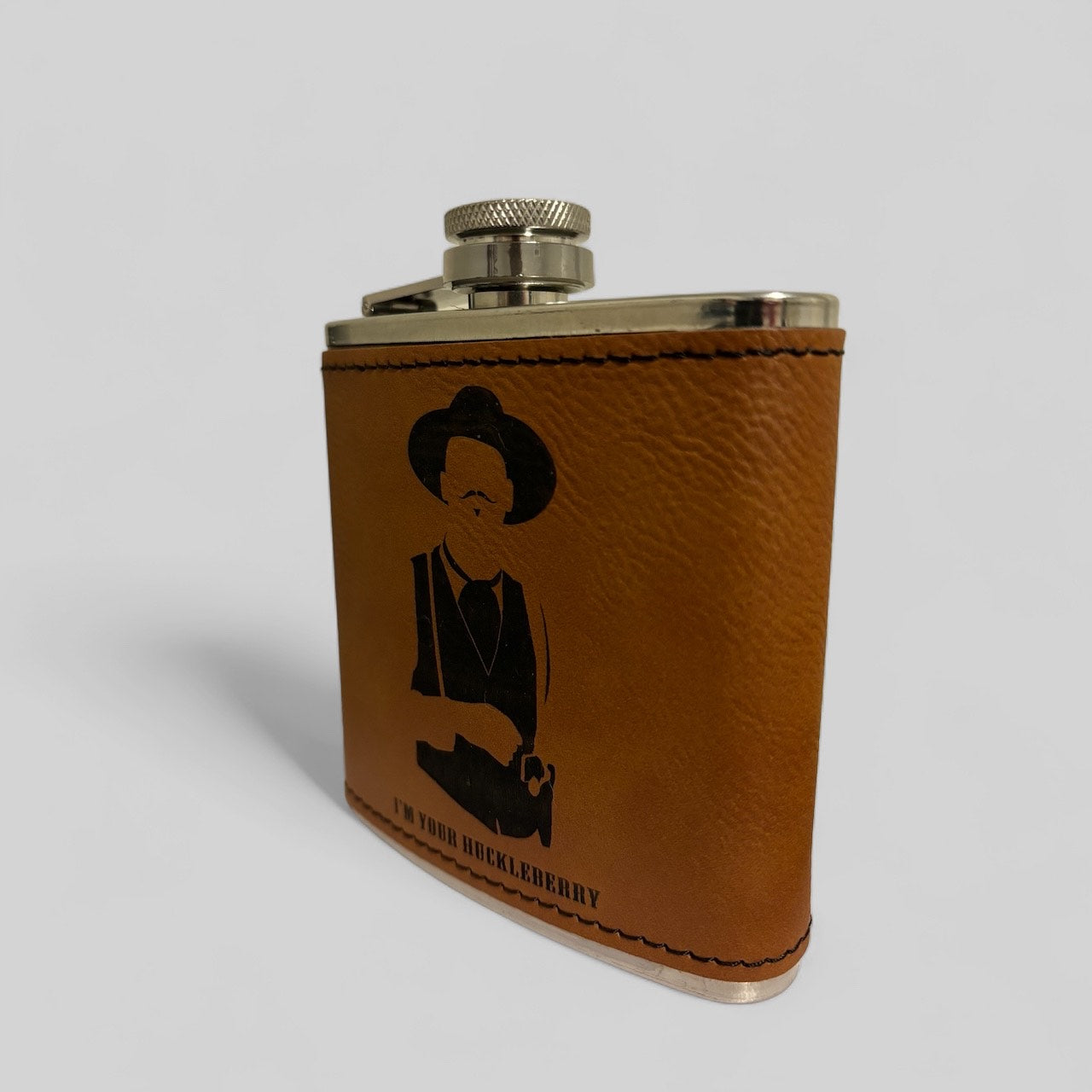 6 Oz Leather-Wrapped Hip Flask - "I'm Your Huckleberry" with Doc Holliday Silhouette