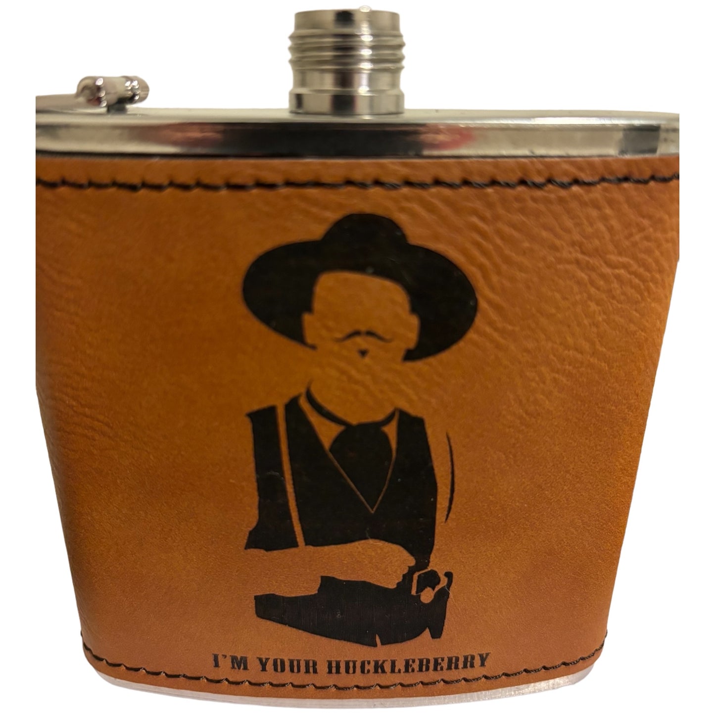 6 Oz Leather-Wrapped Hip Flask - "I'm Your Huckleberry" with Doc Holliday Silhouette